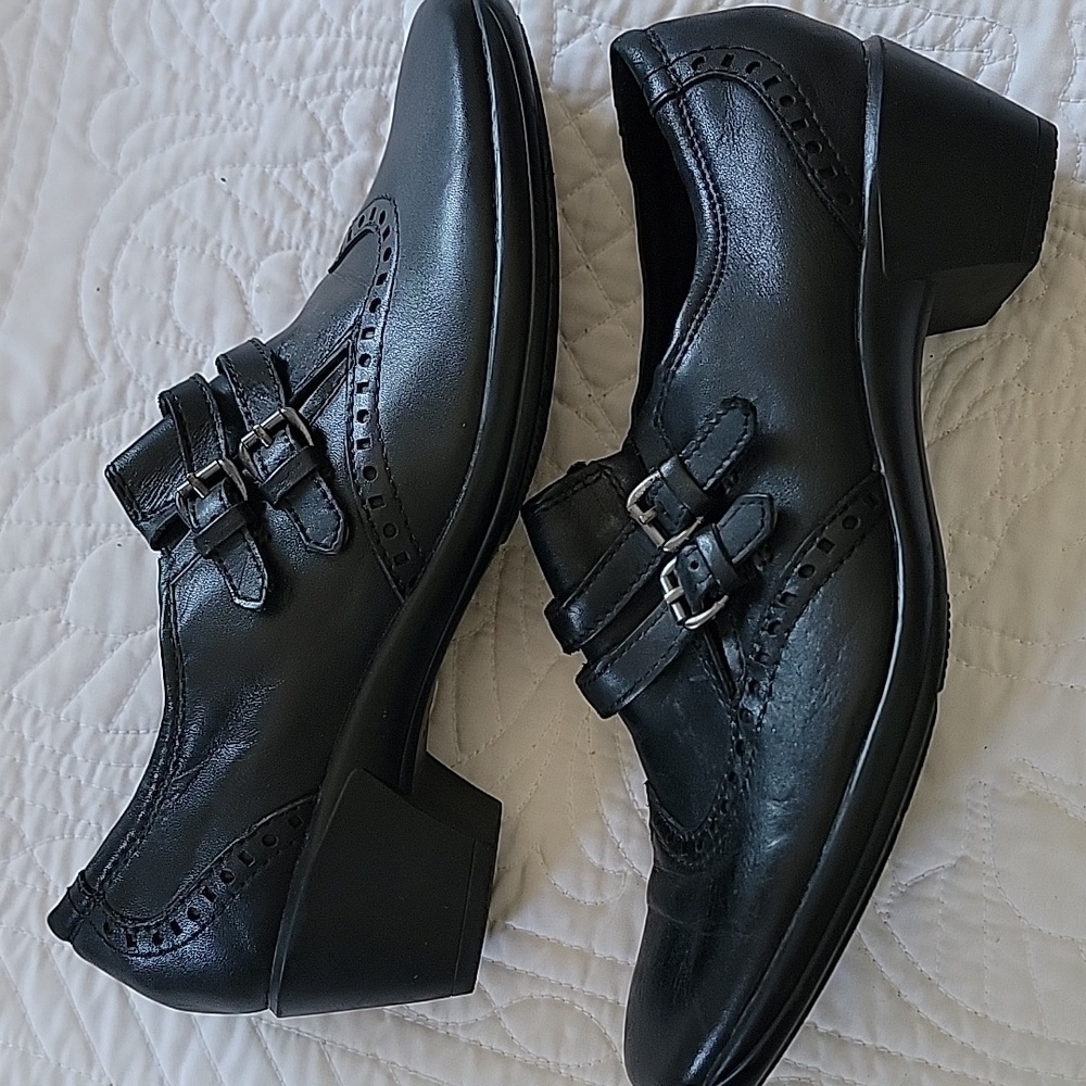 Earth Origins Black Leather Double Buckle Monk Strap Heeled Loafers 10M